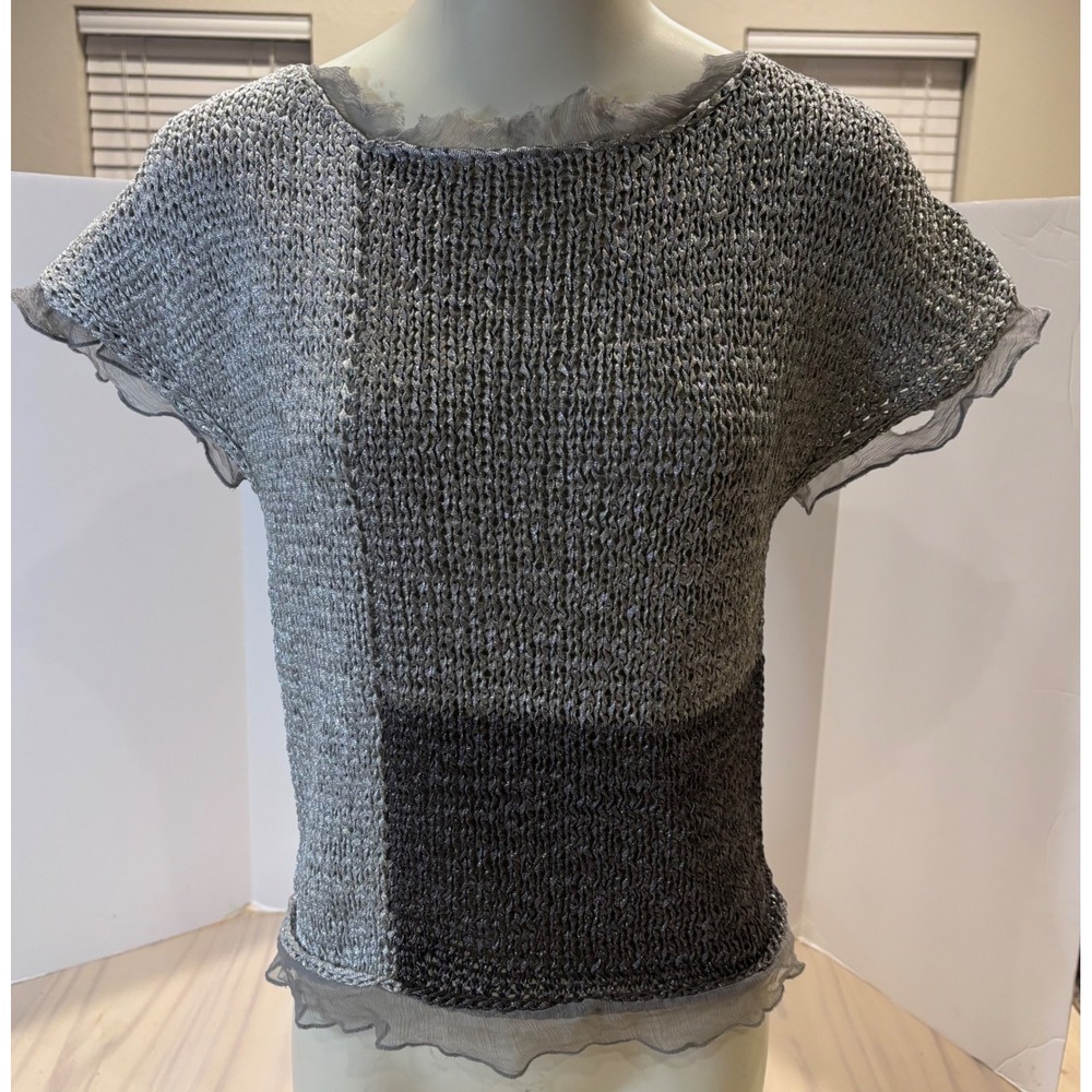 Luisa Cerano Silver Metallic Knit Colorblock Cap Sleeve Top Made in Italy Sz M‎